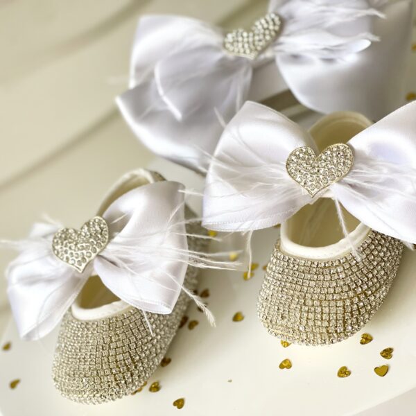 Bρεφικό σετ δωρου παπούτσια και κορδέλα για κορίτσια silver heart