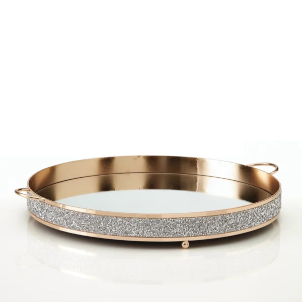 Στρογγυλός μεταλλικός δίσκος με καθρέφτη και ασημένια στρασάκια