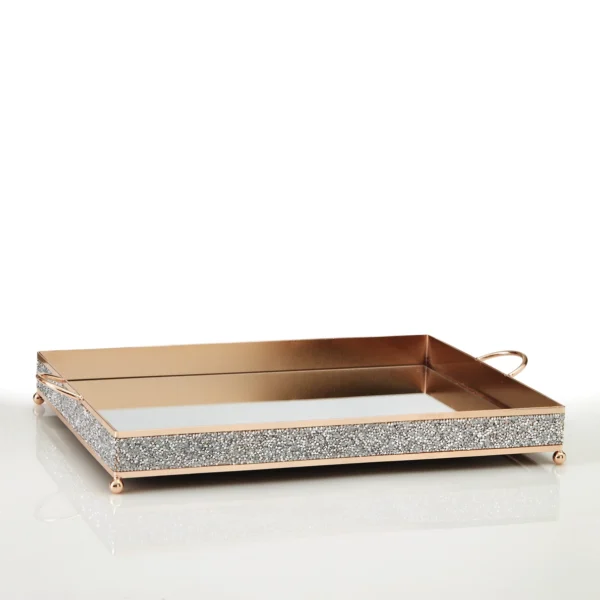 Ορθογώνιος μεταλλικός δίσκος με καθρέφτη και ασημένια στρασάκια