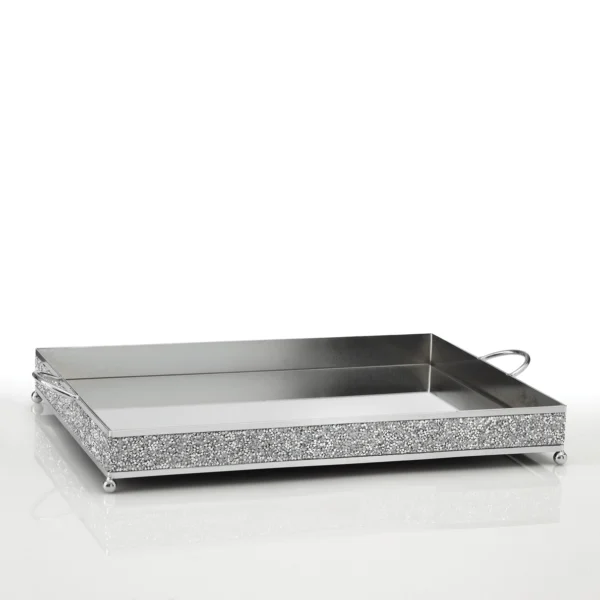Ορθογώνιος μεταλλικός δίσκος με καθρέφτη και ασημένια στρασάκια